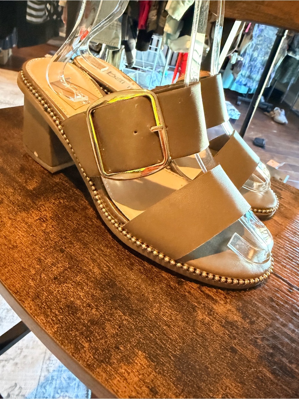 Bar III Taupe Wide-Strap Block Heel Mules with Gold Buckle
